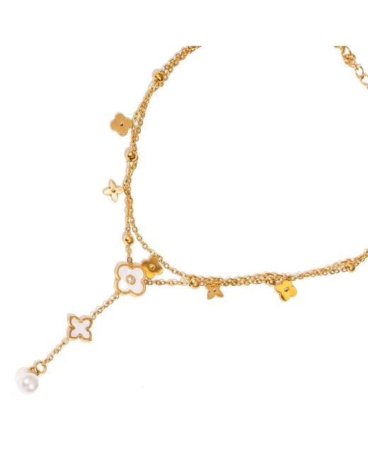 Ebru Jewelry Metallic Floral Pearl Charm Anklet