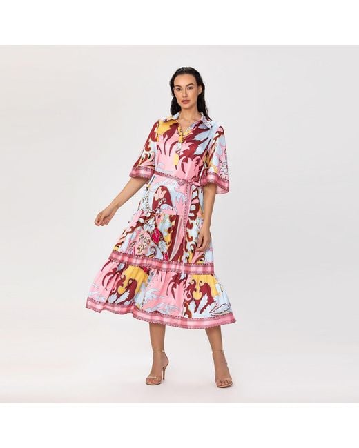 Smart and Joy Blue Midi Shirt Dress With Artistic Print And Tied Belt