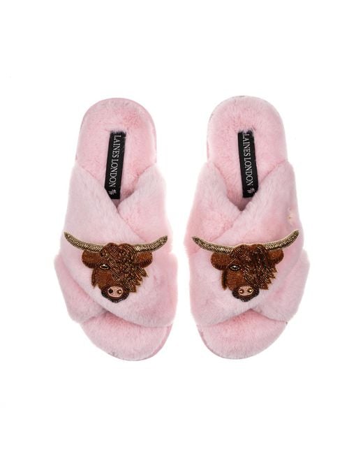 Laines London Pink Classic Laines Slippers With Double Highland Cow Brooches