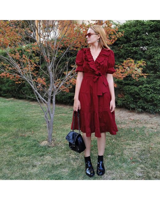 Lalipop Design Dark Cherry Red Double-breasted V-neck Cotton Dress With Ruffles