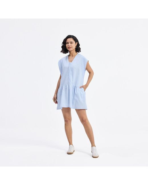 REISTOR Blue Oversized V Neck Short Dress With Frayed Sleeves