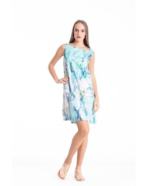 Conquista Blue A Line Print Poplin Dress