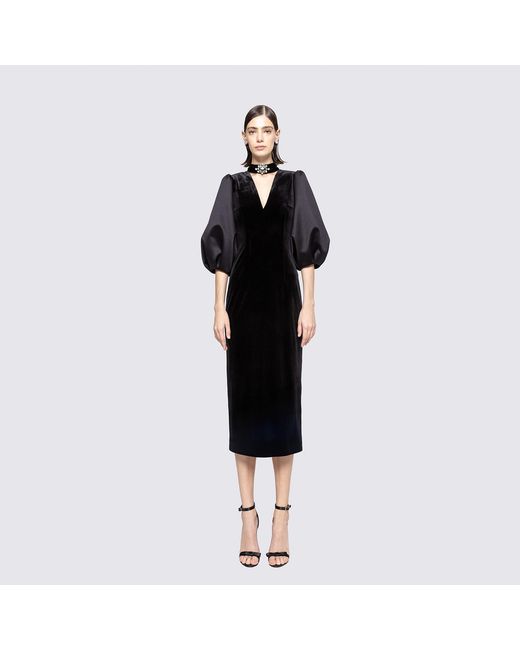 Nissa Black Puff Sleeves Velvet Midi Dress