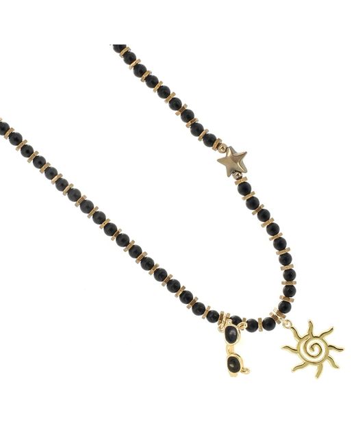 Ebru Jewelry Metallic Vacation Mode Onyx Beaded Sun Necklace