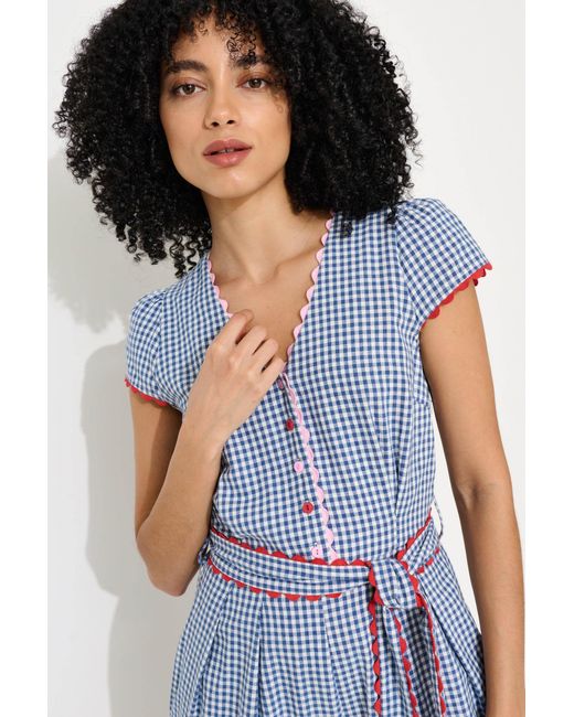 Louche Blue Marleen Gingham Ric Rac Trim Cropped Jumpsuit