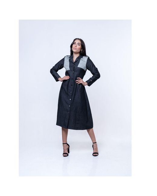 House of Gl Blue Hematite Dark Wash Denim A-Line Midi Shirt Dress With Contrast Cotton Panels