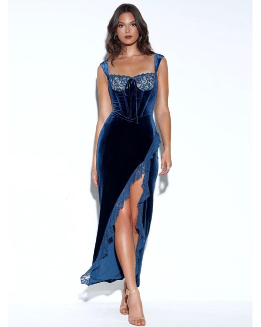 Miss Circle New York Blue Odilia Lace Velvet Maxi Dress