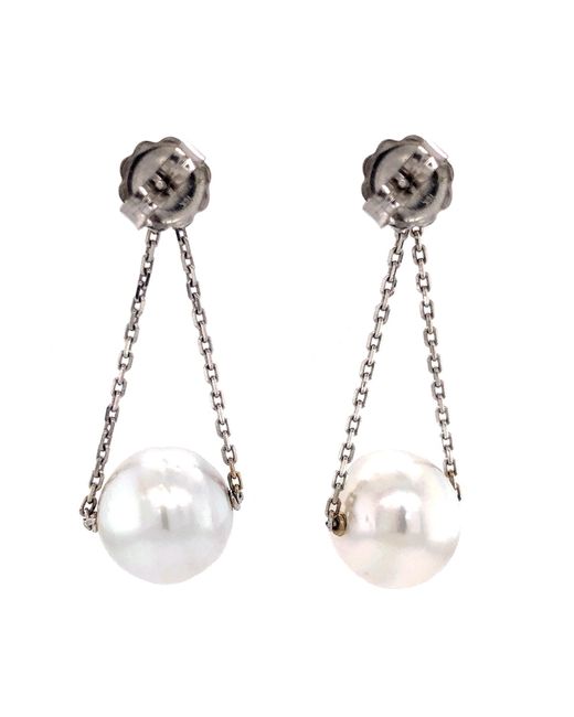 Artisan Green 18k Gold With Bezel Set Diamond & Pearl Ball Chain Loop Dangle Earrings