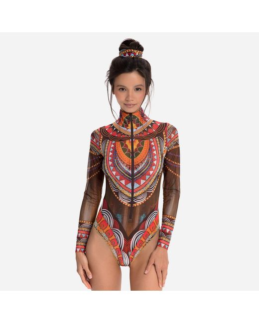 Rodasoleil Smart Swimwear Brown Tan-Through Mesh One-Piece Zipper Swimsuit With Sleeves Africa