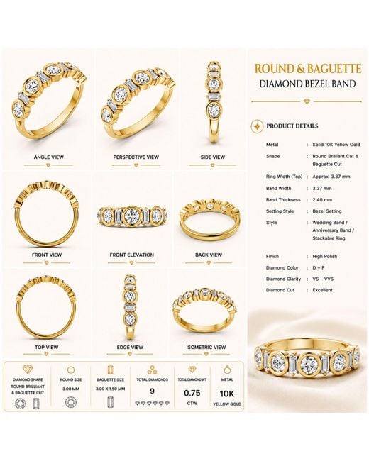 Aya Fine Jewelry Metallic Round & Baguette Lab Grown Diamond Bezel Set Anniversary Band