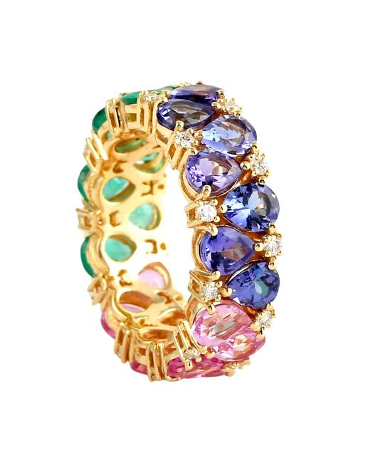 Artisan Multicolor Emerald And Sapphire Tanzanite Pear Eternity Ring With Diamond