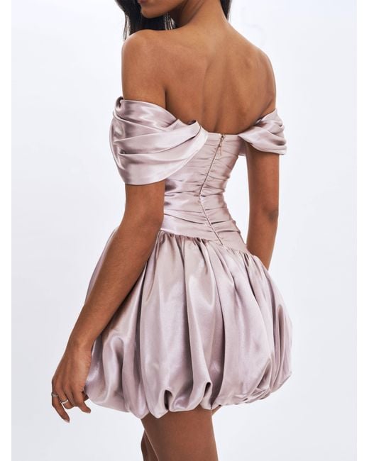 Miss Circle New York Gray Neutrals Milena Champagne Ruched Asymmetrical Bubble Mini Dress