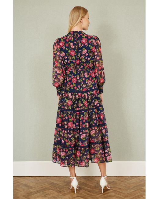 Yumi' Blue Blossom Print Maxi Dress With Long Sleeves & Lace Trims