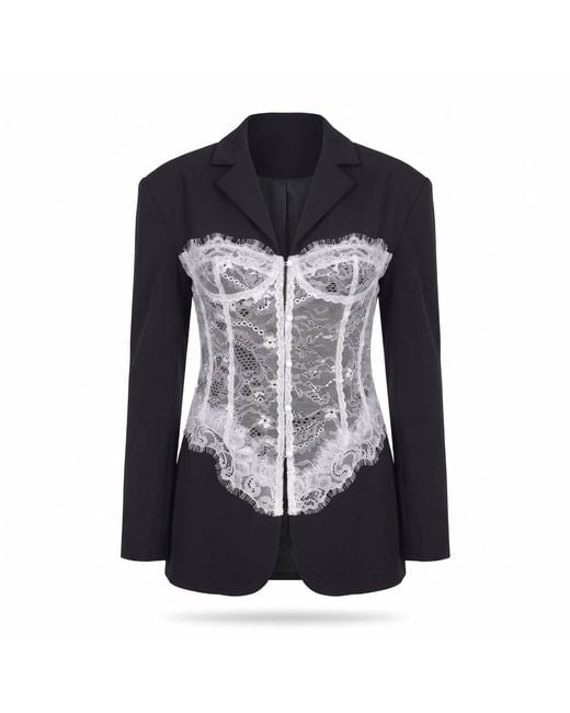 Modenaire Black Lace Corset Detail Blazer With Tailored Fit And Button Front