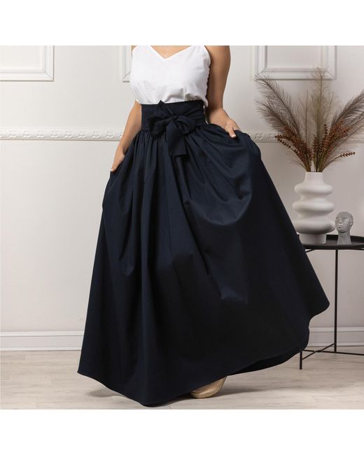 Nikka Place Blue Long Flared Skirt With High Waist & Front Bow