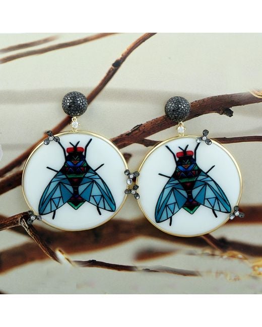 Artisan Blue 18k Yellow Gold Diamond Dangle Earrings Picture Enamel Jewelry