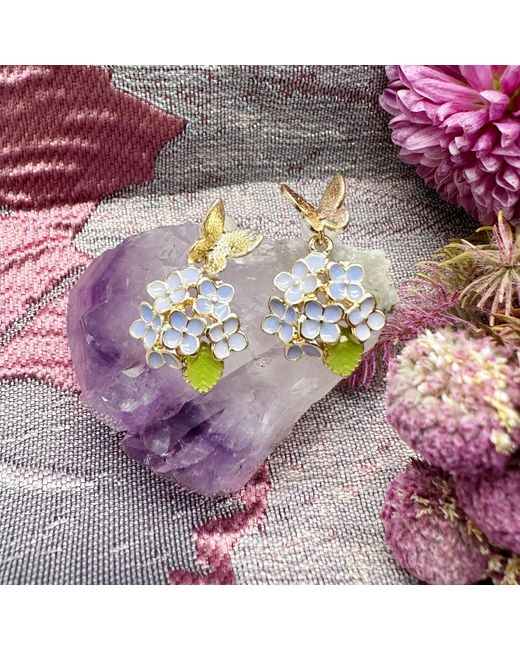 Farra Metallic Purple Flower With Butterfly Stud Earrings