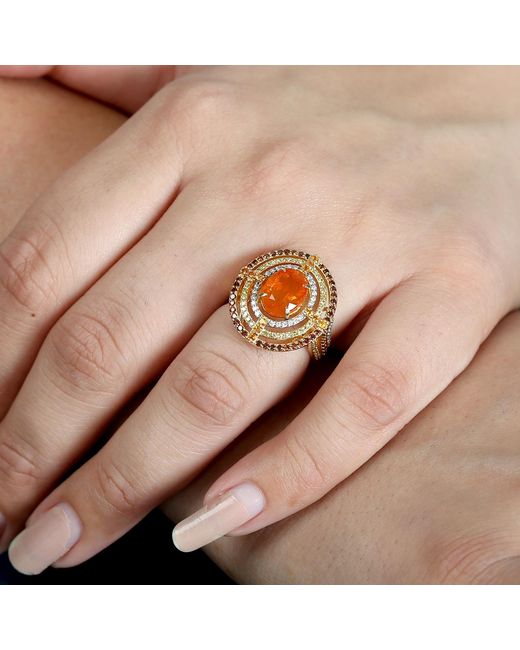Artisan Metallic 18k Yellow Gold Opal Fire Garnet Mandarin Diamond Designer Cocktail Ring