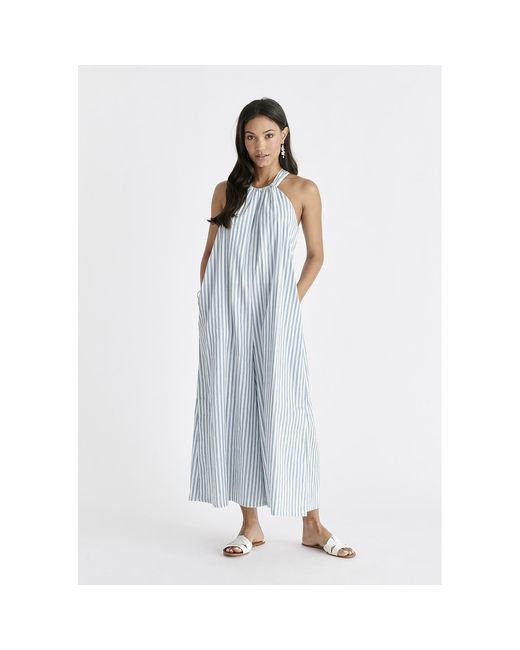 Paisie Blue Striped Halterneck Cotton Jumpsuit