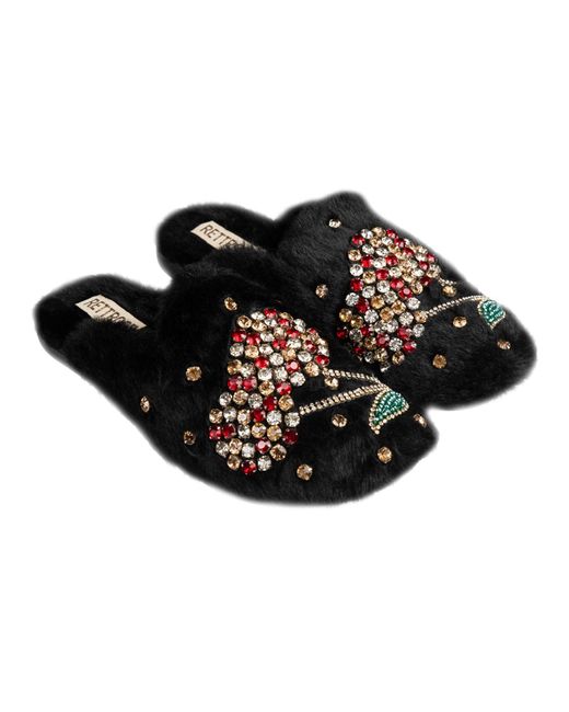 Rettrose Black Georgie Luxury Plush Diamanté Embellished Handmade Slipper