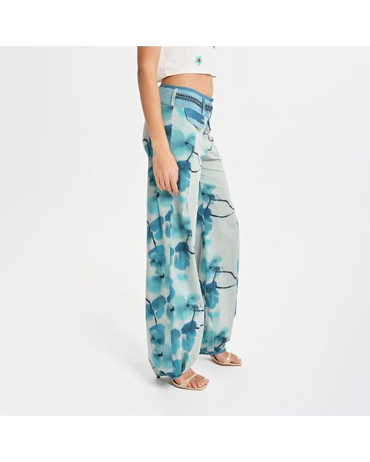Lalipop Design Blue Stylised Floral Wide-Leg Pants