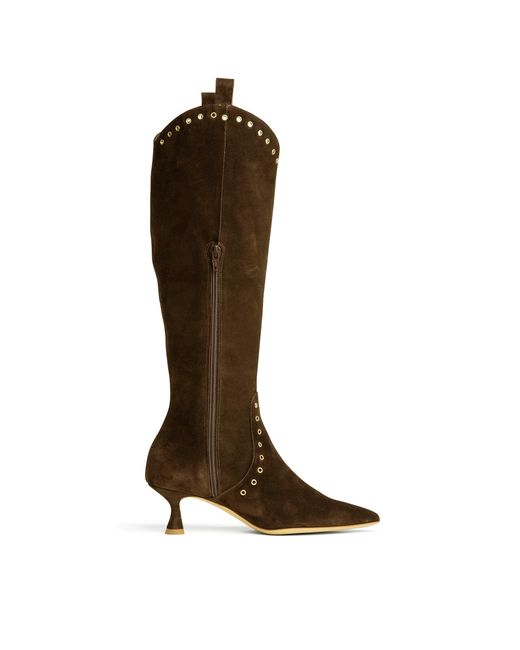 Beautiisoles by Robyn Shreiber Made in Italy Brown Vanesa Suede Tall Low Heel Boot Comfortable With Studs For Dressy Work & Evening