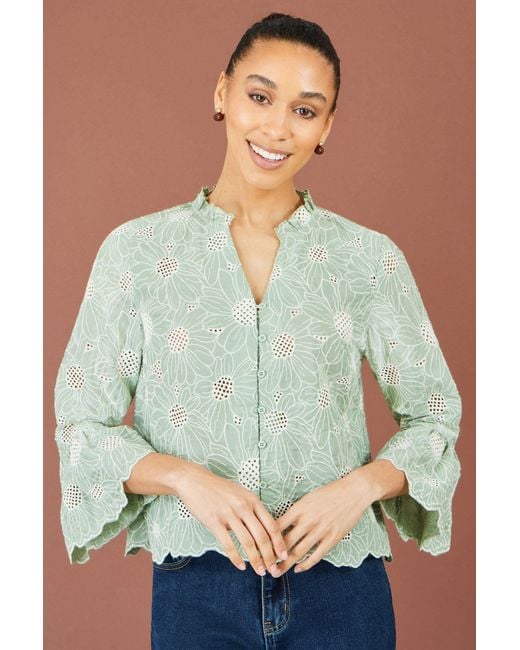 Yumi' Green Daisy Broderie Shirt With Fluted Sleeves