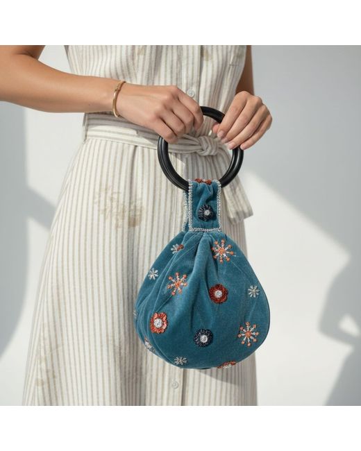 Pick Happy Blue Wrist Velvet Purse Beaded Flowers