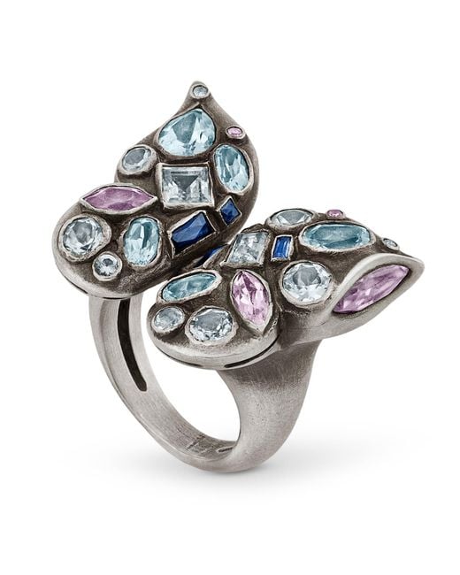 Snake Bones Metallic Butterfly Ring With Gemstones