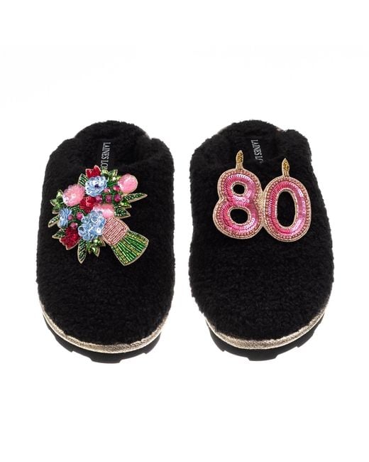 Laines London Black Teddy Closed Toe Slippers With 80Th Birthday & Flowers Brooches