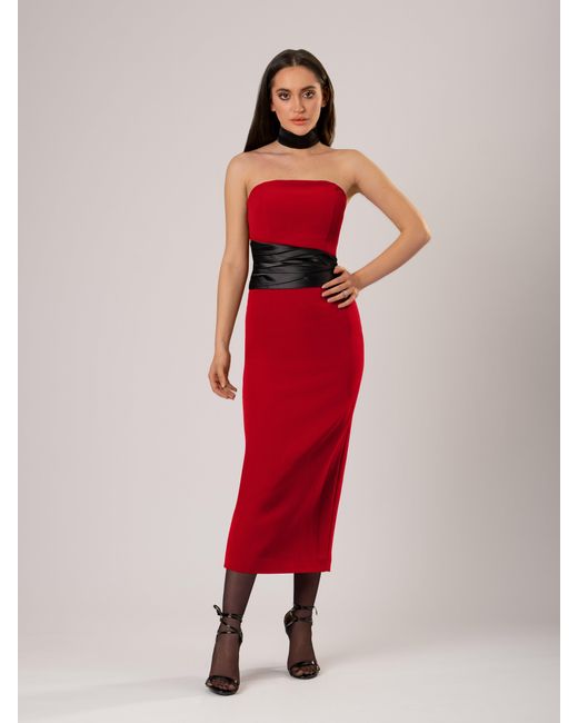 Tia Dorraine Red Kiss Me Fitted Midi Dress With Satin Belt
