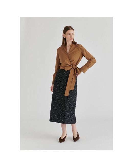 Paisie Brown Split Collarless Wrap Top With Side-Tie Waist