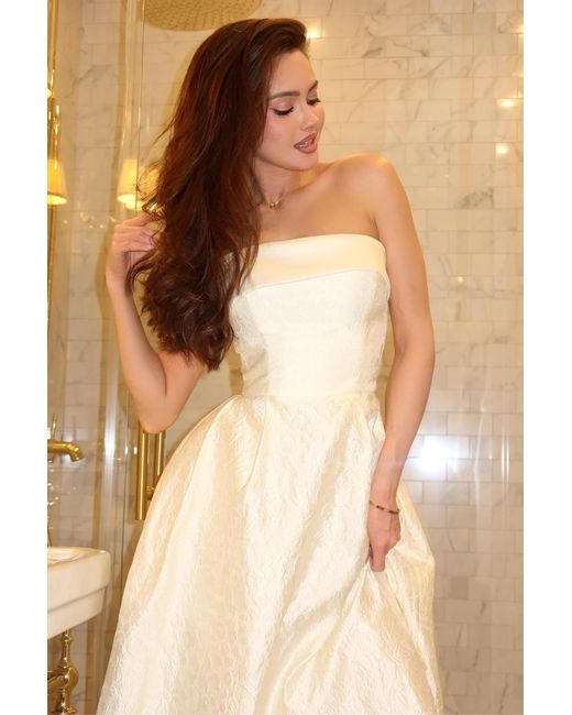 POST MERIDIEM Natural Cream Jacquard Midi Dress With Satin Turn-Up