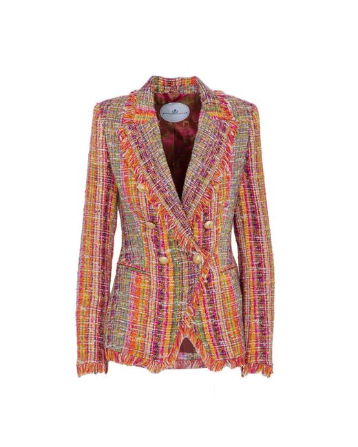 The Extreme Collection Red Orange Cotton Blend Tweed Double Breasted Blazer Frayed Edge Antonella