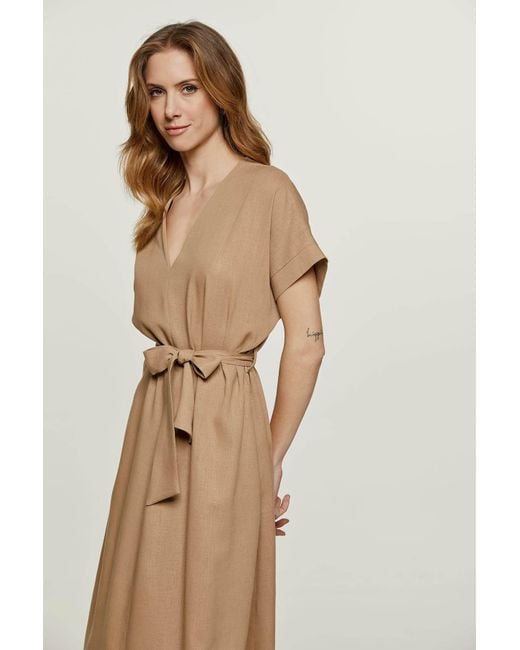 Conquista Natural Linen Style Belted Midi Dress
