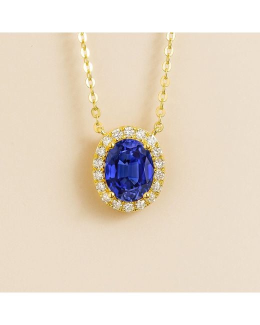 Juvetti Blue Mina Oval Sapphire & Diamond Halo Necklace