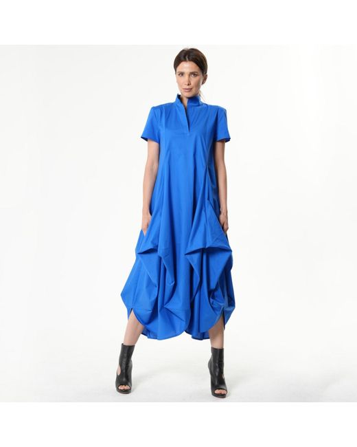 Metamorph Blue Asymmetric Collared Dress With Short Sleeves