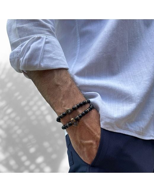 Ebru Jewelry Black Powerful Lion & Diamond Arrow Onyx Bracelet Set for men