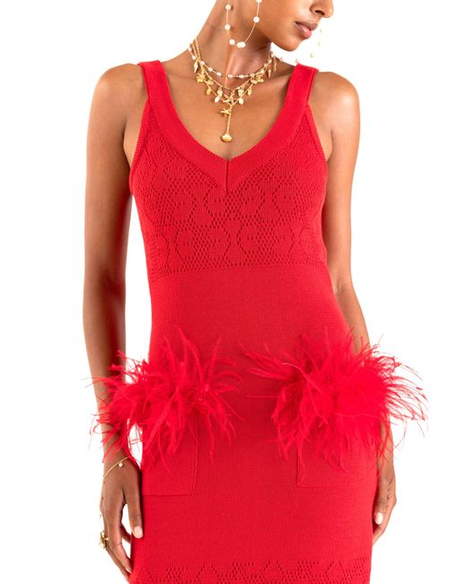 Andreeva Red Cherry Knit Dress With Real Ostrich Feather Details