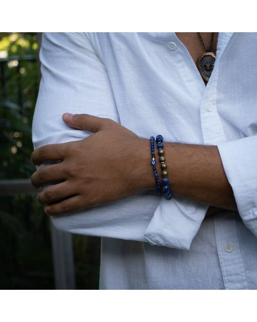 Ebru Jewelry Blue Deep Wisdom Lapis & Evil Eye Beaded Bracelet Set for men