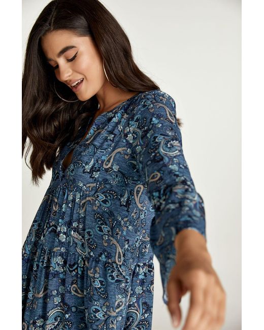Conquista Blue Paisley Print A Line Dress