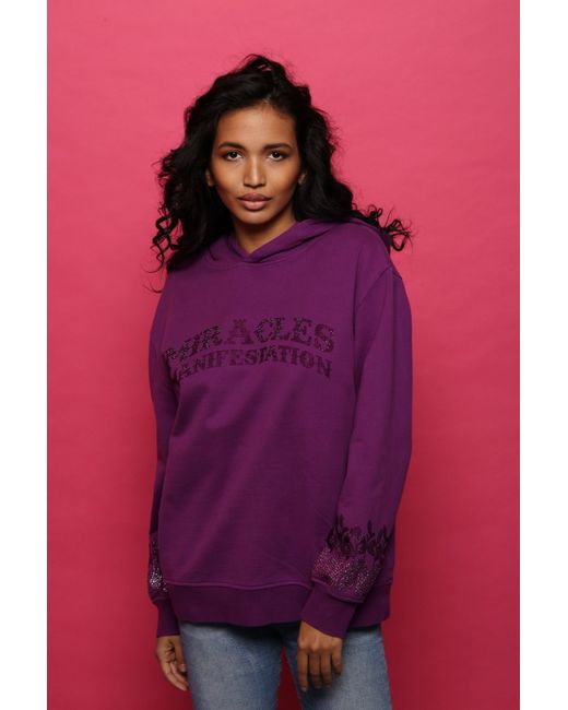 Miracles Manifester Purple Positive Affirmation Hoodie With Rhinestone Design