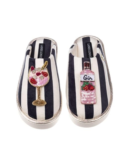 Laines London Multicolor Flatform Stripe Closed Toe Slippers With Gin Brooches