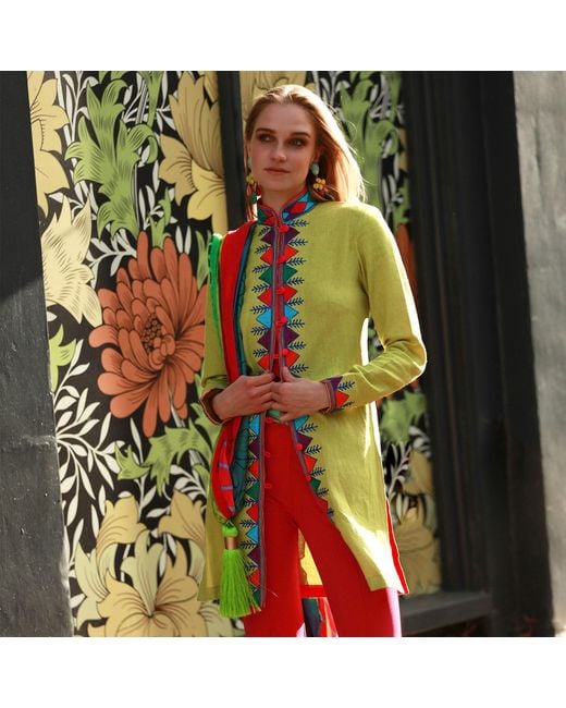 Beatrice von Tresckow Green Lime Nomad Verdon Linen Nehru Jacket