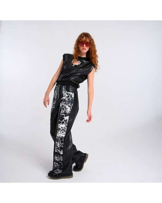 Lalipop Design Black Wide-Leg Vegan Leather Pants Panelled With Abstract Print