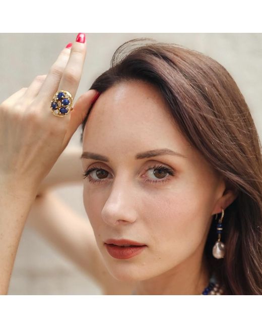 Farra Blue Lapis Stone With Zircon Statement Adjustable Ring