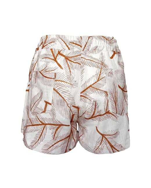 Haris Cotton White Printed Linen Blend Shorts With Elastic Waist Copper Fern