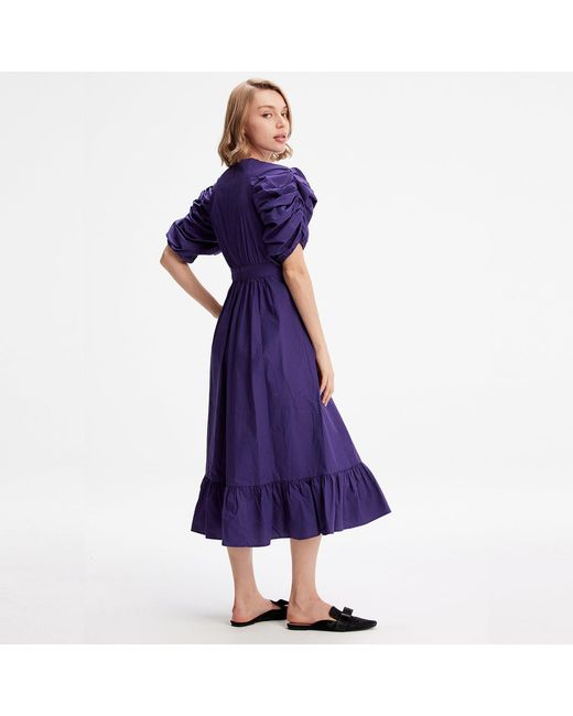 Smart and Joy Purple Trapeze Dress With Puffed Sleeves