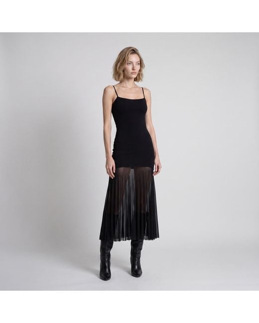 Modenaire Black Sheer Mesh Maxi Dress With Spaghetti Straps & A Fitted Silhouette