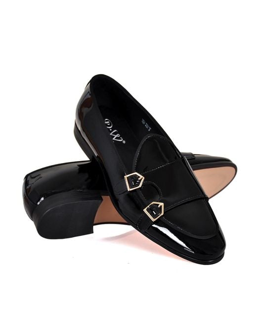 DAVID WEJ Black Lorenzo Patent Monk Strap Loafers for men
